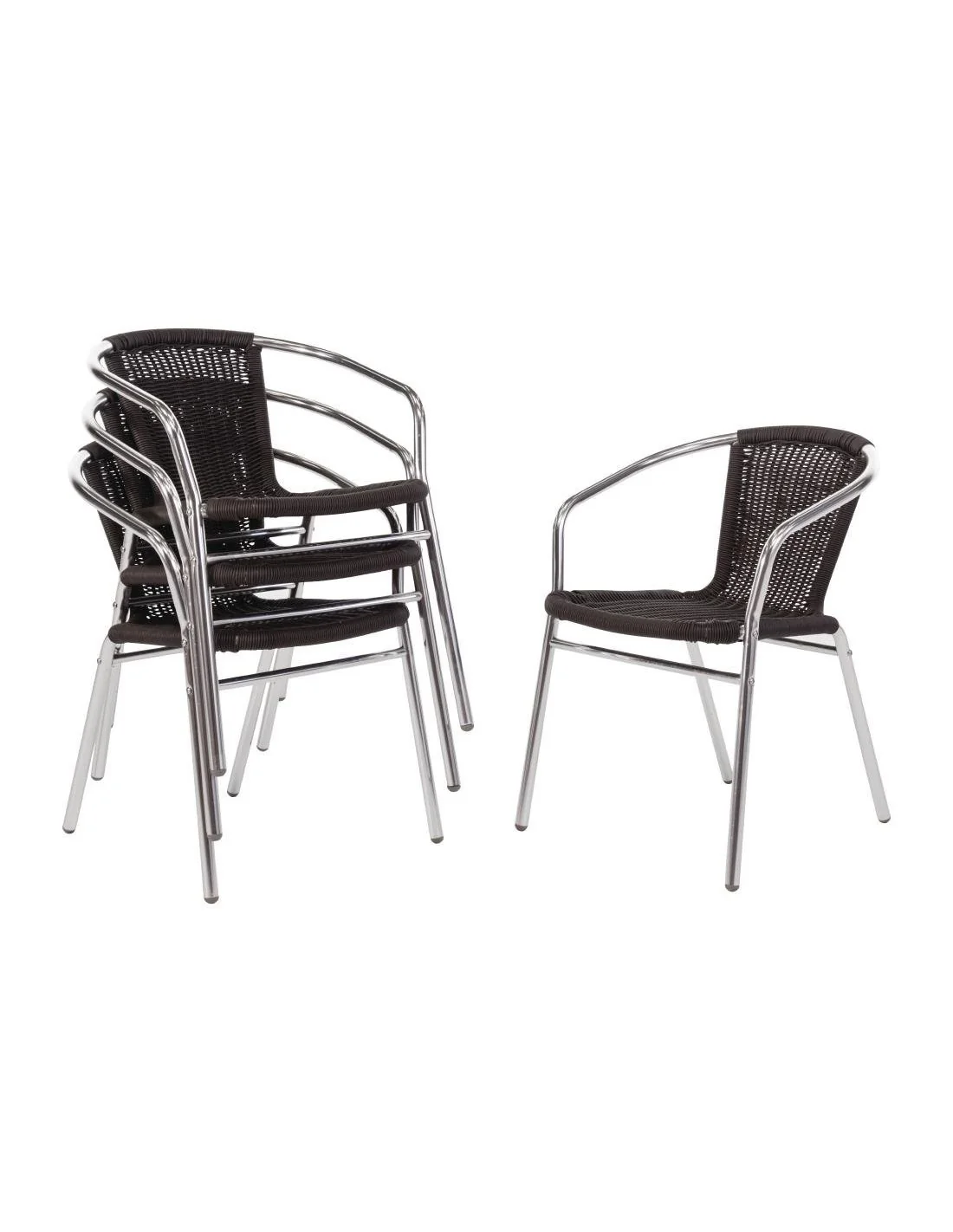Fauteuils en rotin PE empilables Bolero noirs et aluminium (Lot de 4)