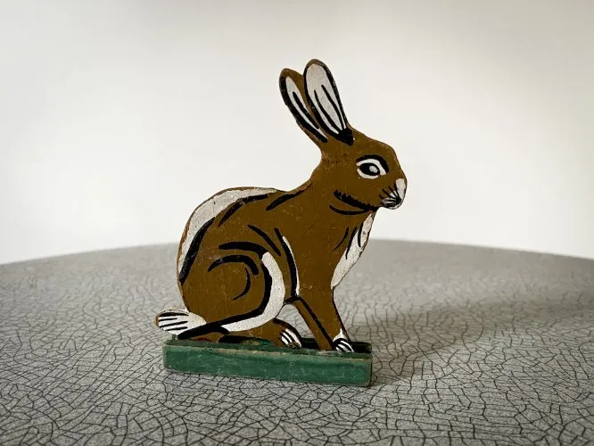 Figurine en bois peint, animaux de la ferme, Lapin, jouet ancien français