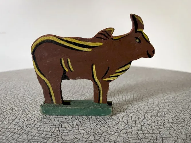 Figurine en bois peint, animaux sauvages, Buffle ou Zébu, jouet ancien français