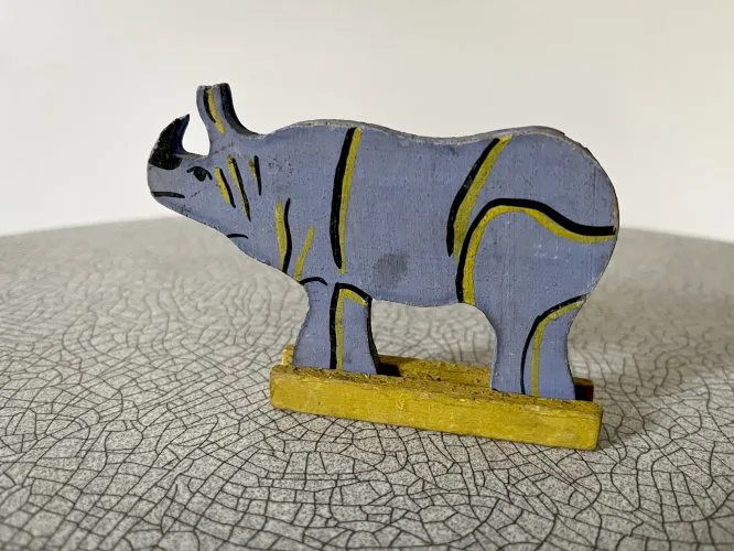 Figurine en bois peint, animaux sauvages, Rhinocéros, jouet ancien français