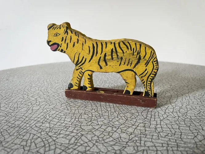 Figurine en bois peint, animaux sauvages, Tigre, jouet ancien français