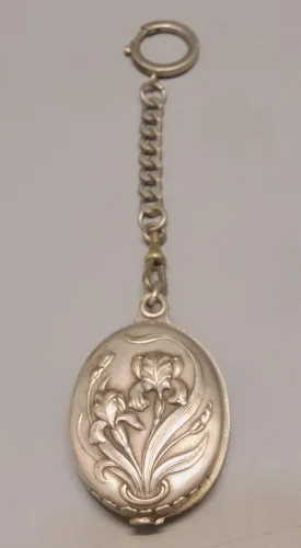 -JOLI PENDENTIF PETIT MIROIR DE POCHE ART NOUVEAU METAL Argenté FLEURS IRIS  D