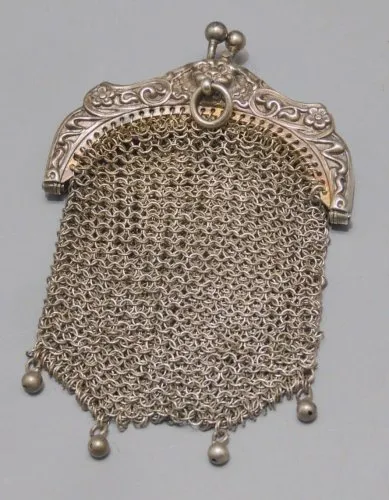 -JOLIE BOURSE AUMONIERE Côtes de maille ARGENT Poinçon Charançon ART NOUVEAU  D