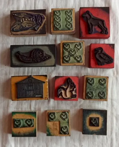Lot 12 Anciens Tampons Encreur Animaux École Pedagogie Ancienne Écoliers