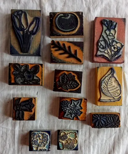 Lot 12 Anciens Tampons Encreur Fleur Feuille École Pedagogie Ancienne Écoliers