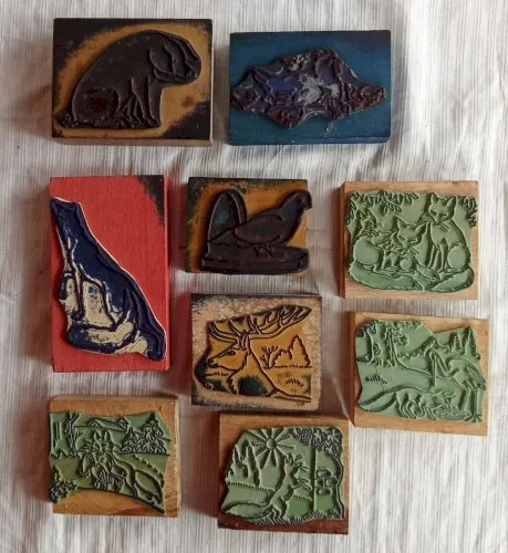 Lot 9 Anciens Tampons Encreur Animaux École Pedagogie Ancienne Écoliers