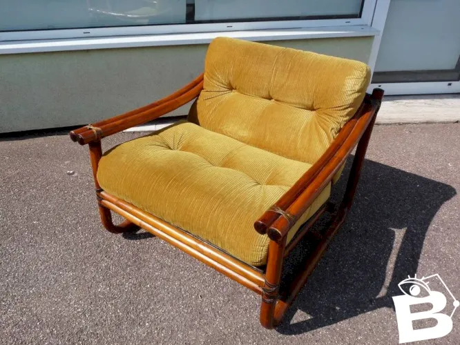 Magnifique Fauteuil Rotin tissu velours - Vintage - Club cocktail