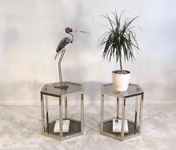 Magnifique paire de tables d’appoint métal doré-argenté 1970’s dans le gout de Guy Lefevre TBE