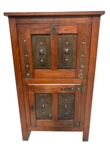 Meuble secretaire en bois naturel et plaques de métal XX siècle