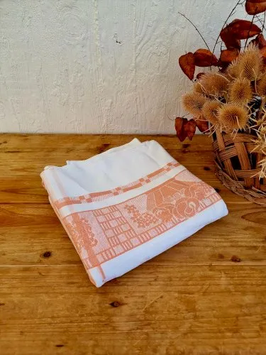 Nappe ancienne damassée orange et blanche