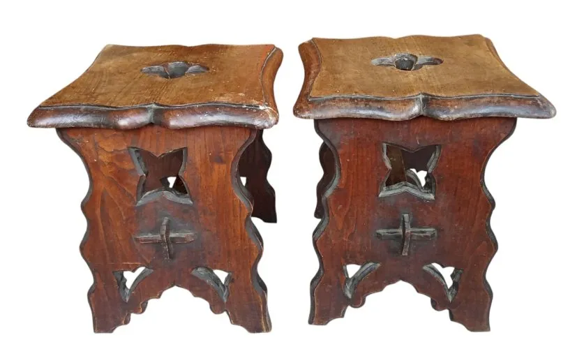 Paire Ancien Tabouret Bois Sculpté À La Main Rustique Old Wooden Stool