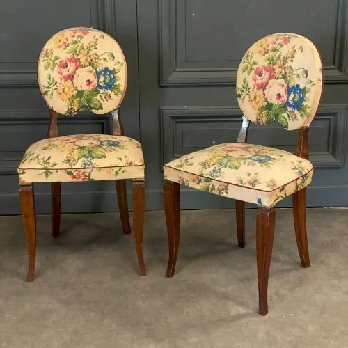 Paire de chaises de chambre 1950 pieds sabres tissu à fleurs L7166
