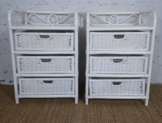 paire de commode chiffonnier chevet 3 tiroirs rotin bambou blanc vintage années 1970