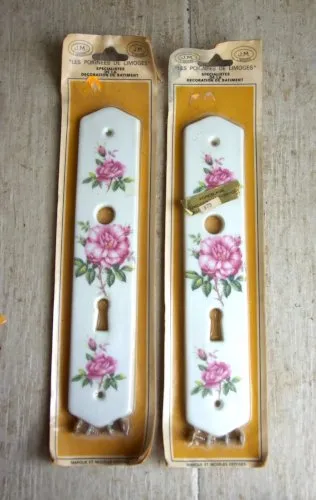Paire de plaques de proprete en porcelaine JM Limoges decor de roses