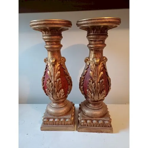 Paires de Colonnes en Platre Doré Or et Rouge