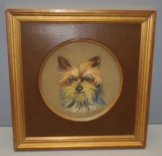 - PASTEL PORTRAIT CHIEN YORKSHIRE Signé Médaillon ROND SOUS VERRE Cadre doré D