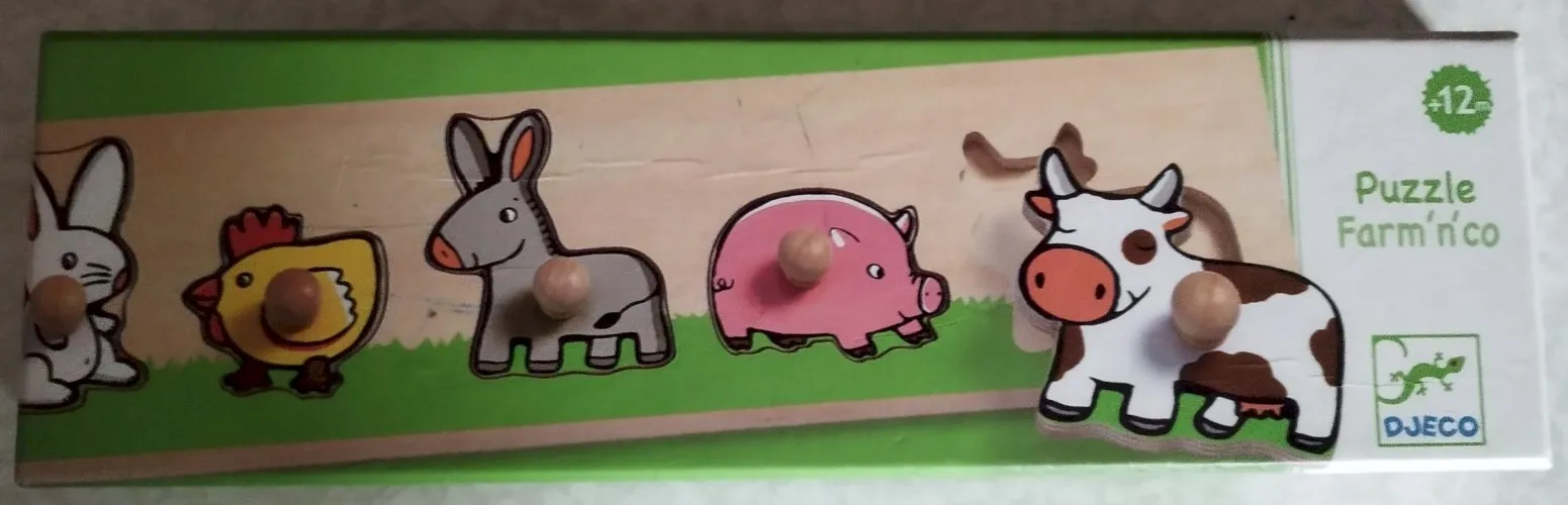 Puzzle en bois Animaux de la ferme Farm'n'co Djeco 5 pièces à partir de 12 mois