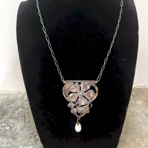 Rare collier floral Art Nouveau 1890-1910, bijou ancien avec Perle Pate De Verre