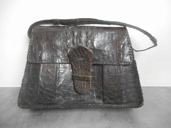 SAC A MAIN NOIR VINTAGE EN CUIR DE CROCODILE