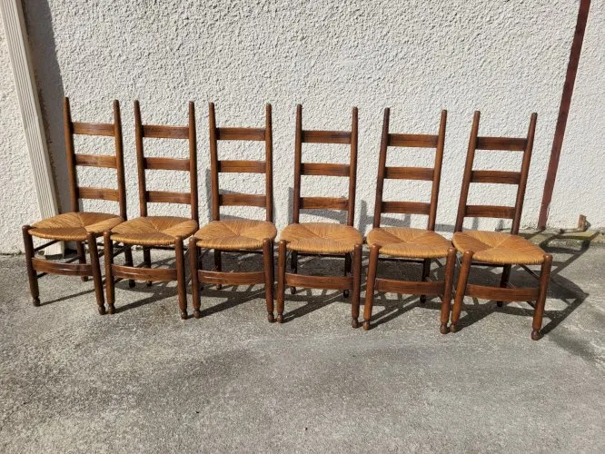 SERIE DE 6 CHAISES PAILLEES STYLE BRUTALISTE