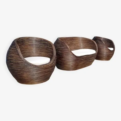 Set canapé sofa et ses 2 chauffeuses en rotin