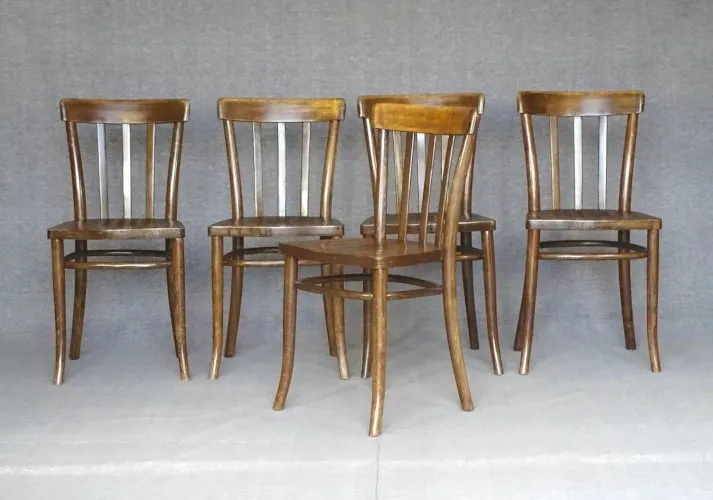 Set de 5 chaises Thonet N°A417 de 1937 assise bois lamée
