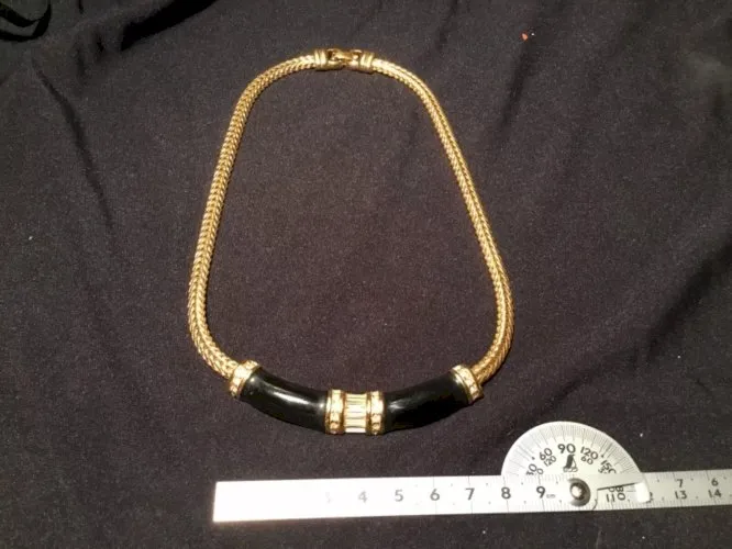 Signé Monet Doré Art Déco Émail Noir Collier Ras de Cou