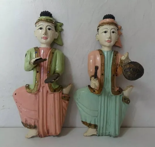statues ethnique XXè Birmanie Asie art bois sculpté polychrome musiciens Myanmar