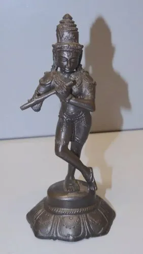 - STATUETTE BRONZE HINDOUE KRISHNA VISHNU joueur de Flûte PATINE BRUNE VITRINE D