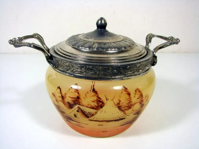 Sucrier Couvert Verre Peint Schneider Monture Etain Décor Signé Verçais TBE