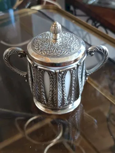 sucrier italien métal argenté et porcelaine