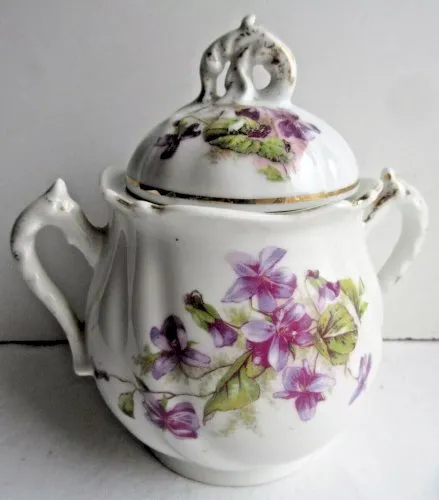 Sucrier porcelaine de Limoges, décor de violettes, Art Déco