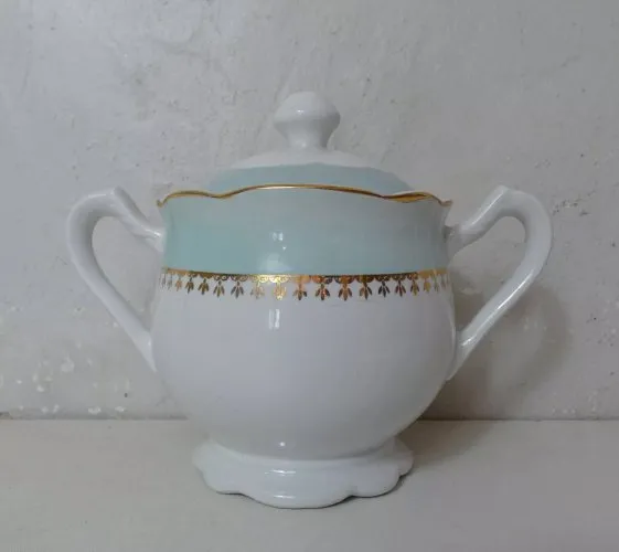 sucrier sarreguemines mint et or modèle Pierre