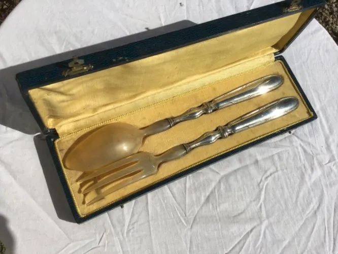 superb Couverts à salade argent fourré et corne silver années 1900-1920 TBE
