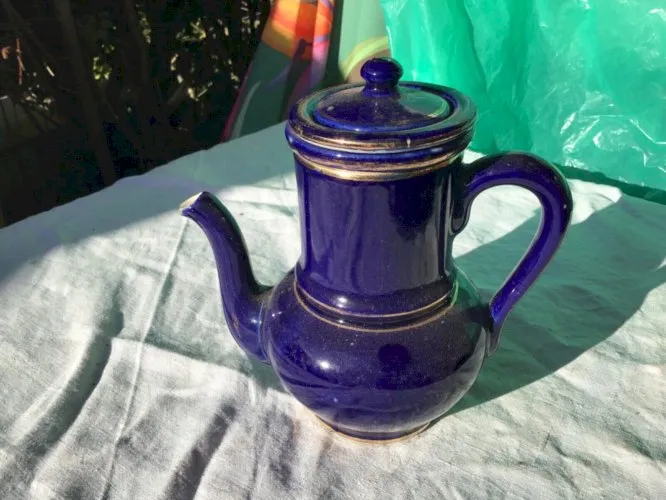 Superb Théière cafetière ancienne Terre de Fer Saint Uze complète bleu TBE n°1
