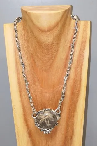 -SUPERBE COLLIER ARGENT MASSIF Poinçon MINERVE PENDENTIF FOSSILE à Identifier D