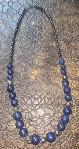 superbe collier vintage perles lapis Lazuli argent et hématite
