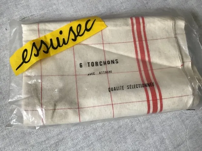 Superbe lot 6 Torchons anciens pur lin Fleur Bleue liteau carreau rouge neuf TBE