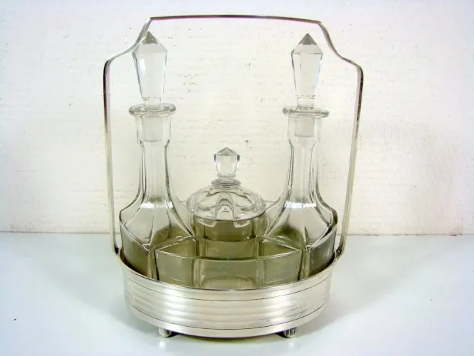 Superbe Nécessaire de Table 5 pcs. Fin XIX° Métal Argenté et Cristal TBE