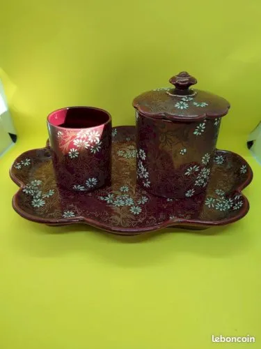 Superbe service à the ou de fumeur en ceramique emaille fin 19eme debut 20 eme en bn etat