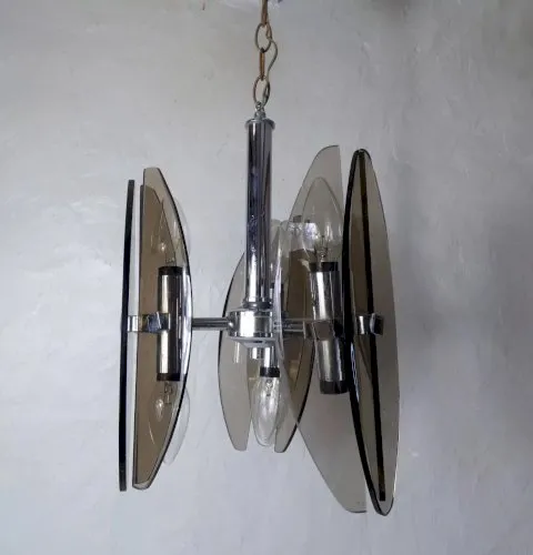 Suspension en verre fumé et chrome FONTANA ARTE vintage