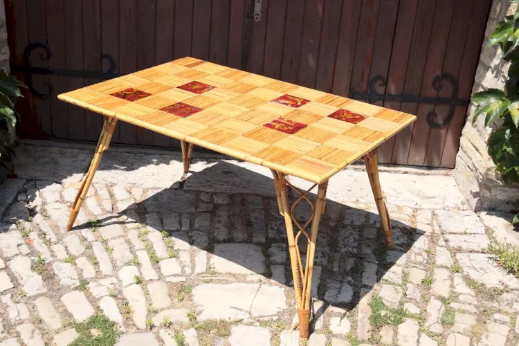 Table à manger rotin & céramique par Audoux Minet 1950