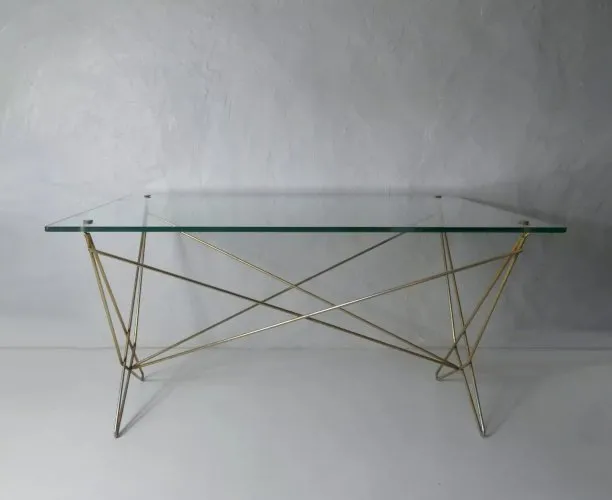 Table basse métal doré plateau verre années 50 vintage