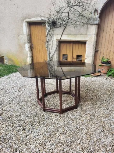 Table bois façon bambou verre fumé années 70