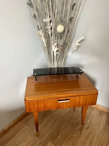 Table de chevet vintage avec tablette en verre noir - effet miroir