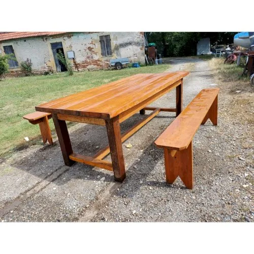 Table de Ferme Campagnarde en Chéne et Pin + 2 Bancs