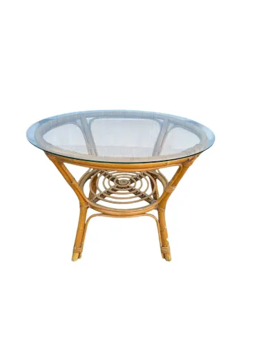 Table en osier et verre vintage