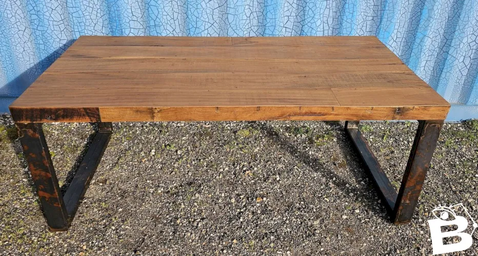 Table industrielle en teck et métal