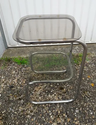 Table métal chromé 2 plateaux verre