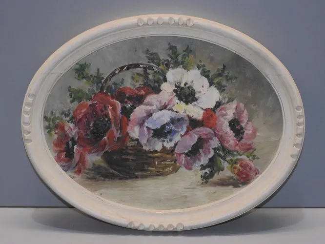 - TABLEAU BOUQUET ANEMONES DANS UN PANIER CADRE FORME OVALE BOIS Cérusé D